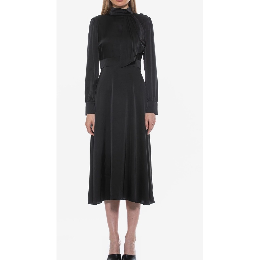 Alexia Admor Black Satin Mock Neck Drape Midi Dress Sz 4 D3401